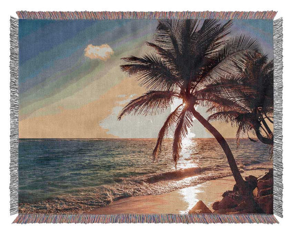Palm tree paradise at dusk Woven Blanket