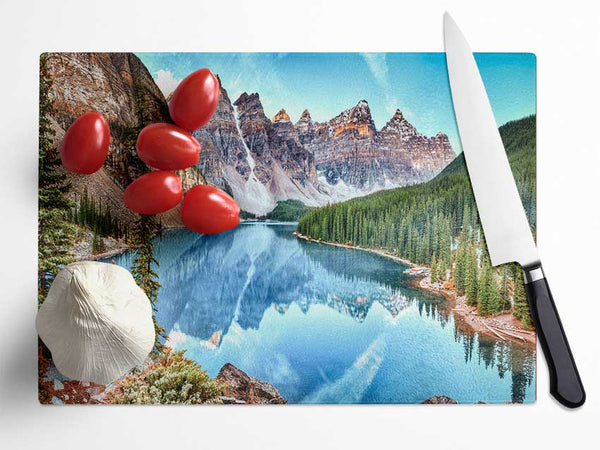 Canadian mountains with clear blue waters Glass Chopping Board