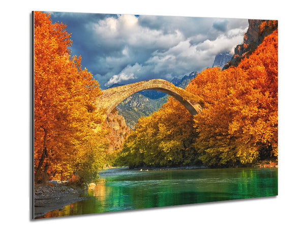bridge over the autumn lake Metal Print