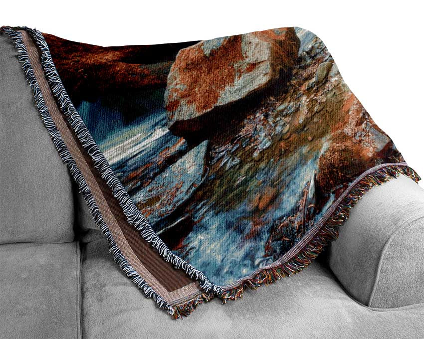 Waterfall in the woods beauty Woven Blanket