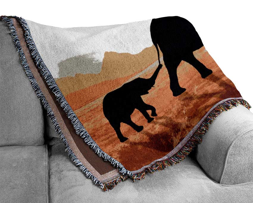 Elephants sillouette walking Woven Blanket