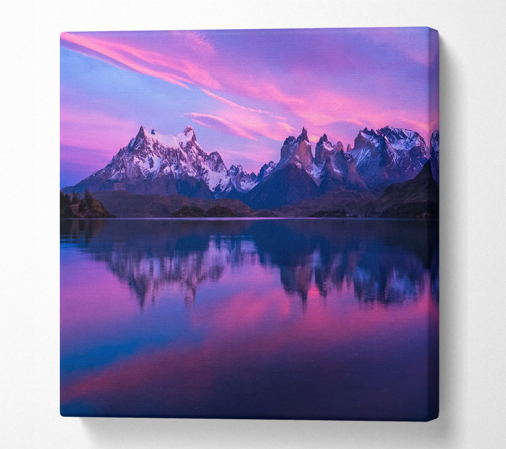 A Square Canvas Print Showing Purple and blue mountains above lake Square Wall Art