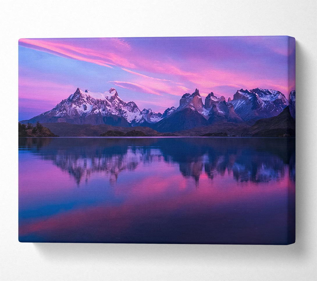 Picture of Purple and blue mountains above lake Canvas Print Wall Art