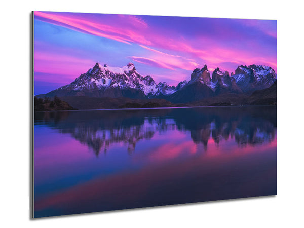 Purple and blue mountains above lake Metal Print