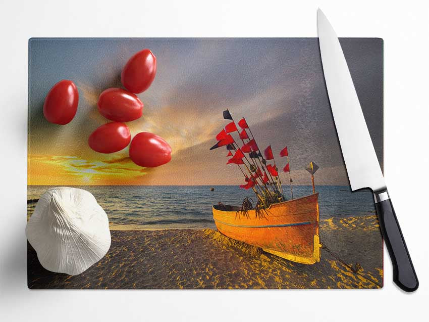 Flags in a fishing boat Glass Chopping Board