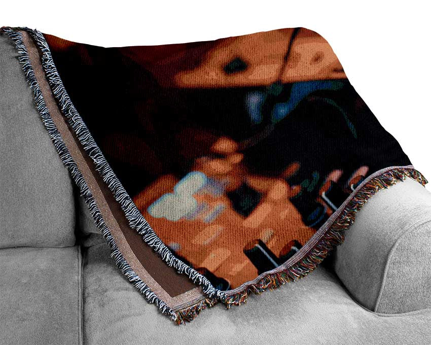 Red headphones on mixing desk Woven Blanket