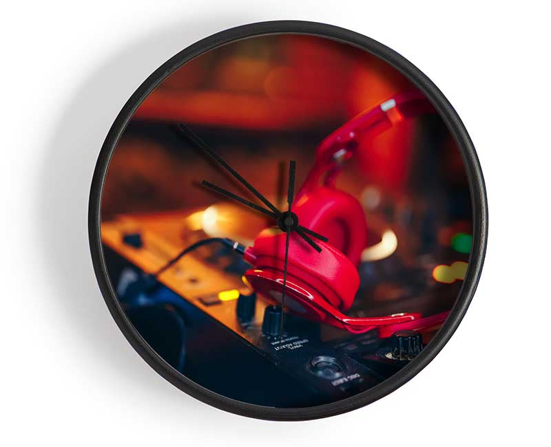 Red headphones on mixing desk Clock - Wallart-Direct UK