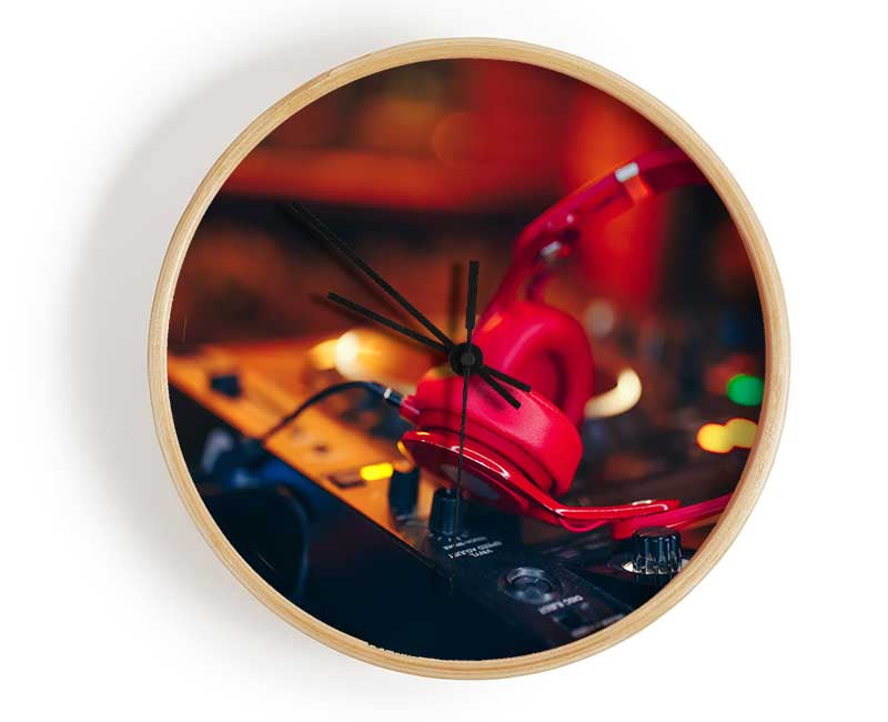 Red headphones on mixing desk Clock - Wallart-Direct UK