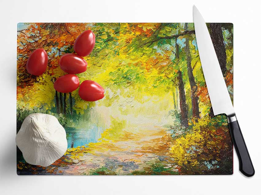 Hand painted woodland scene Glass Chopping Board