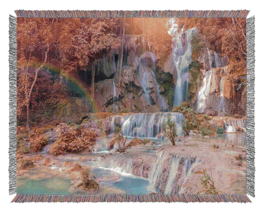 Rainbow waterfall woods Woven Blanket