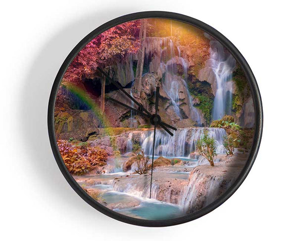Rainbow waterfall woods Clock - Wallart-Direct UK