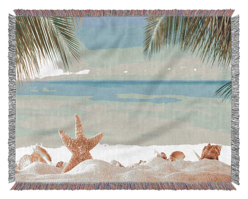 Starfish on the beach scene Woven Blanket