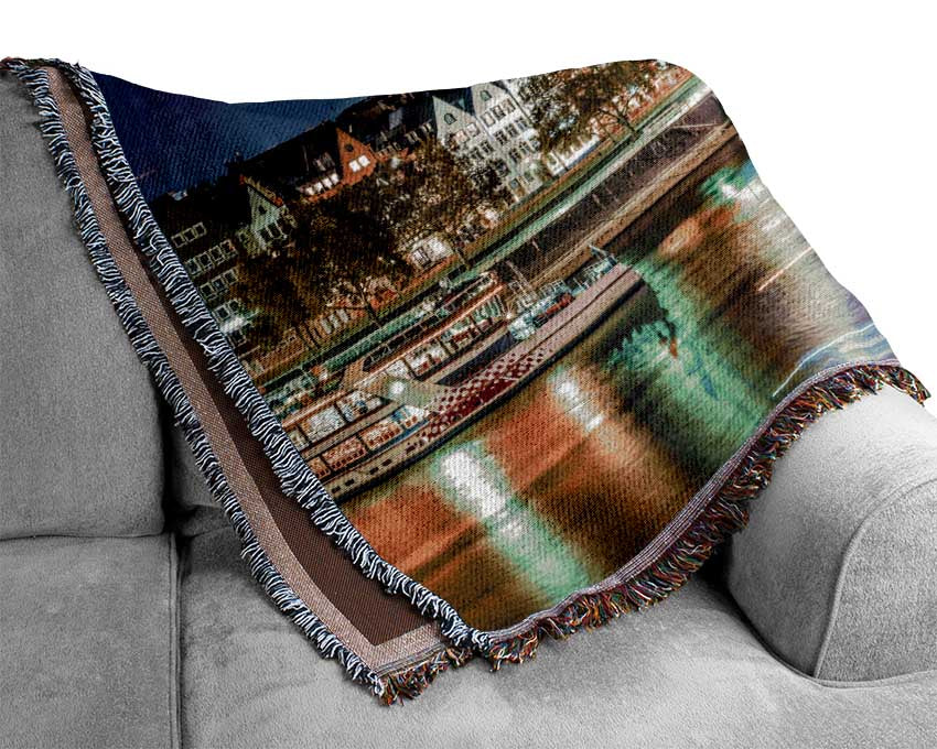 Bold lights on the harbour Woven Blanket