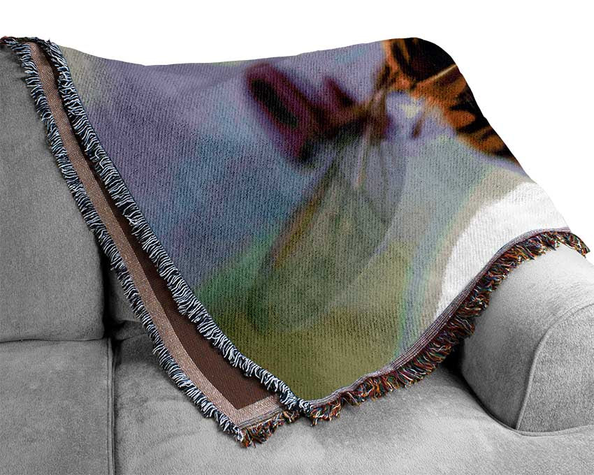 Hover fly on a purple flower Woven Blanket