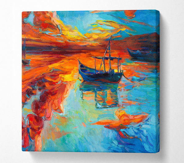 A Square Canvas Print Showing Row boat on the horizon of colour Square Wall Art