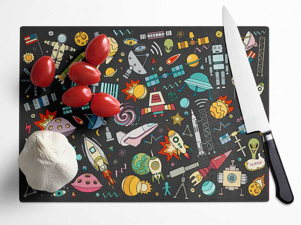 Spaceships and UFOS Glass Chopping Board