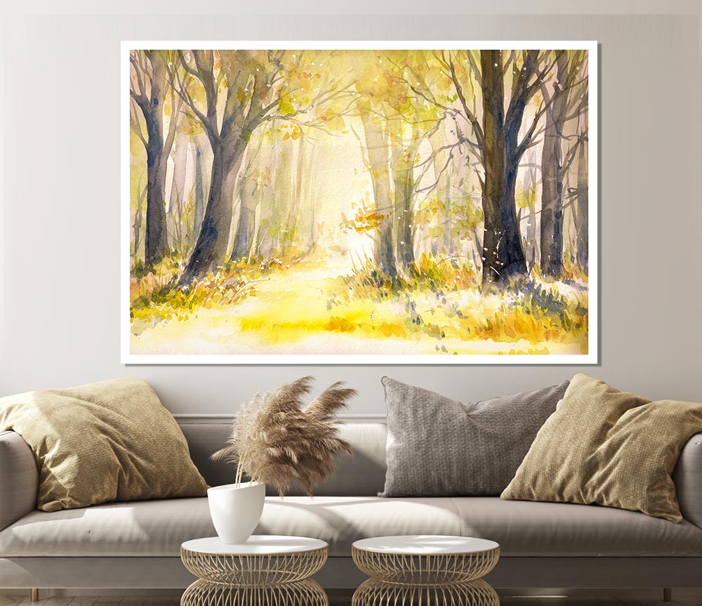 Yellow Forest Woodland Watercolour Print Poster Wall Art