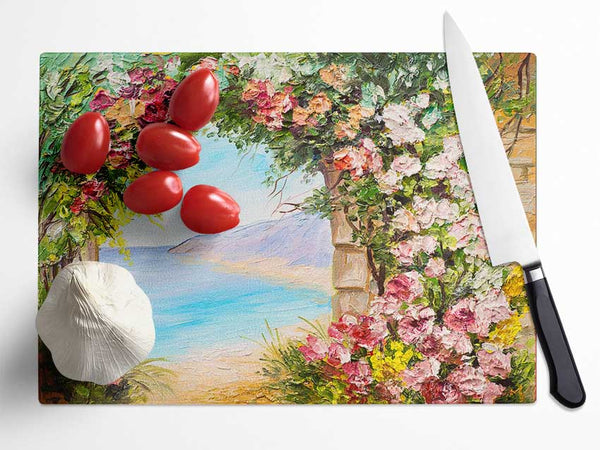 Floral View Of The Cove Watercolour Glass Chopping Board