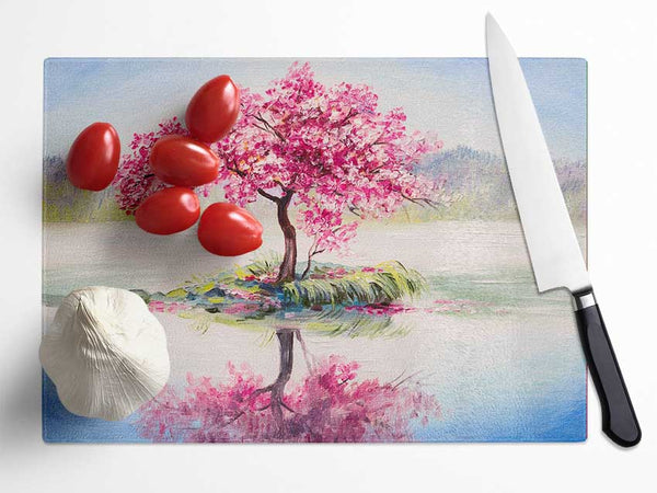 Lone Pink Blossom Tree Glass Chopping Board