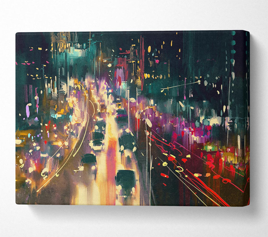 Picture of Busy Night Traffic Lights Watercolour Canvas Print Wall Art