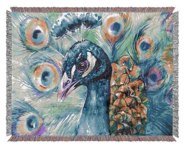 Vibrant Watercolour Peacock Woven Blanket