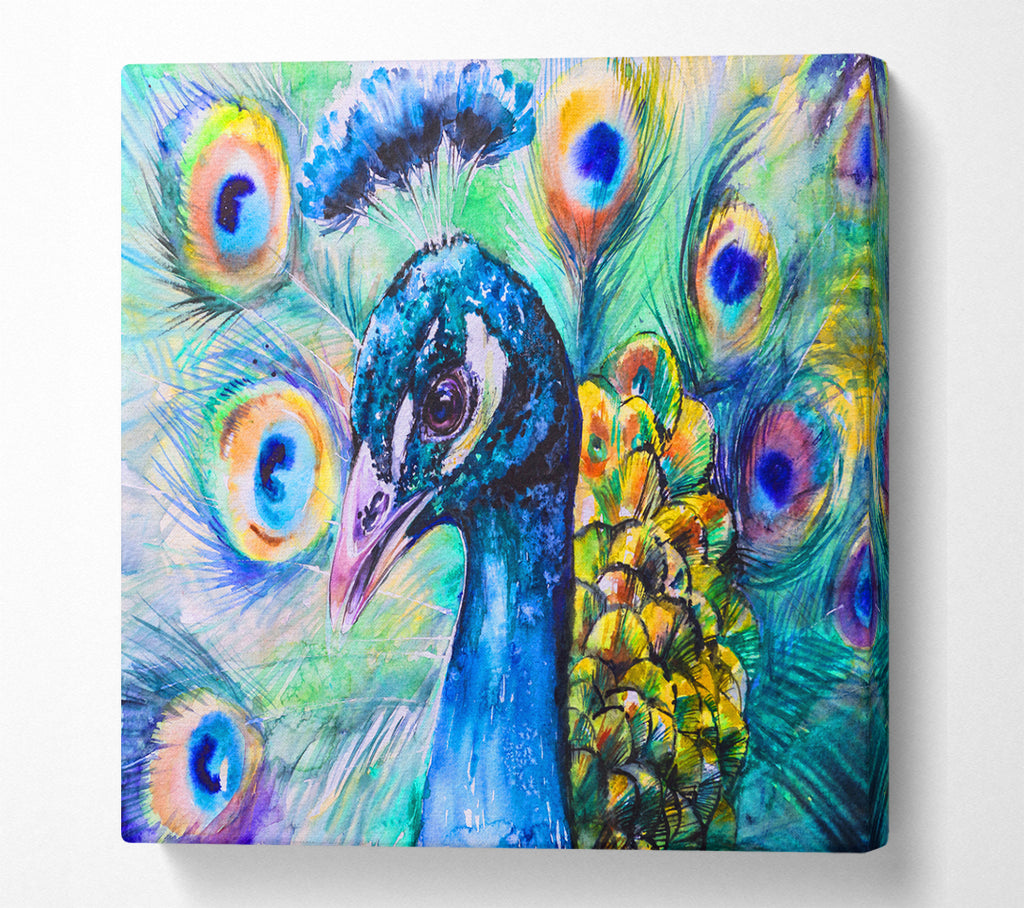 A Square Canvas Print Showing Vibrant Watercolour Peacock Square Wall Art
