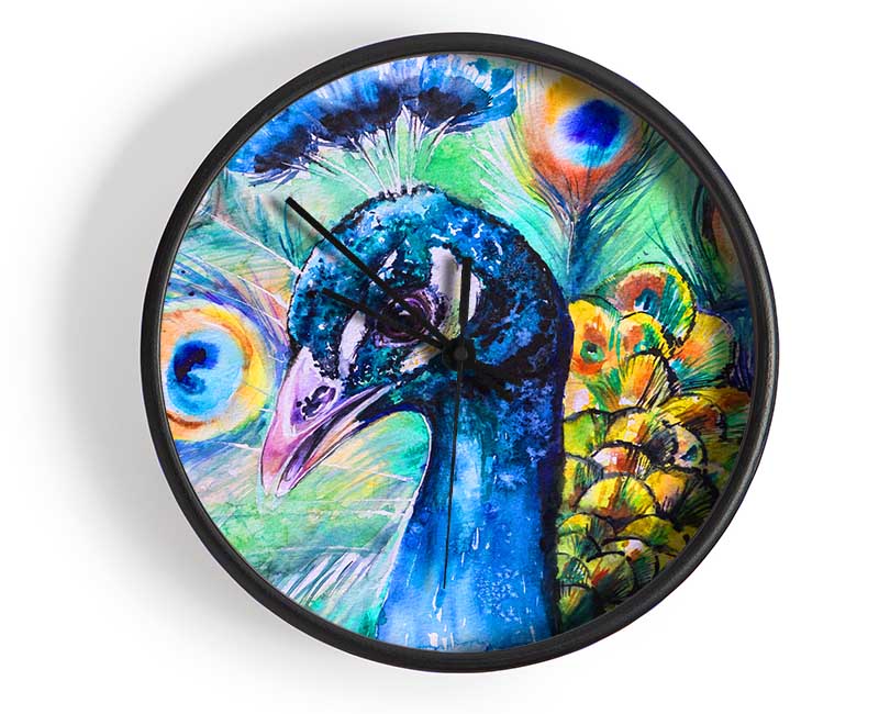 Vibrant Watercolour Peacock Clock - Wallart-Direct UK