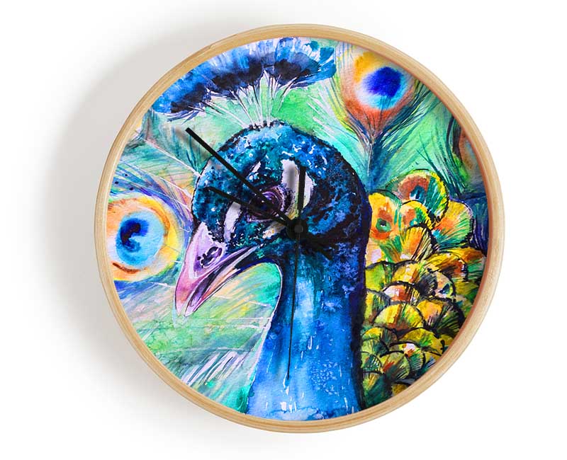 Vibrant Watercolour Peacock Clock - Wallart-Direct UK