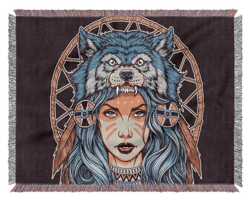 Wolf Head Woman Woven Blanket