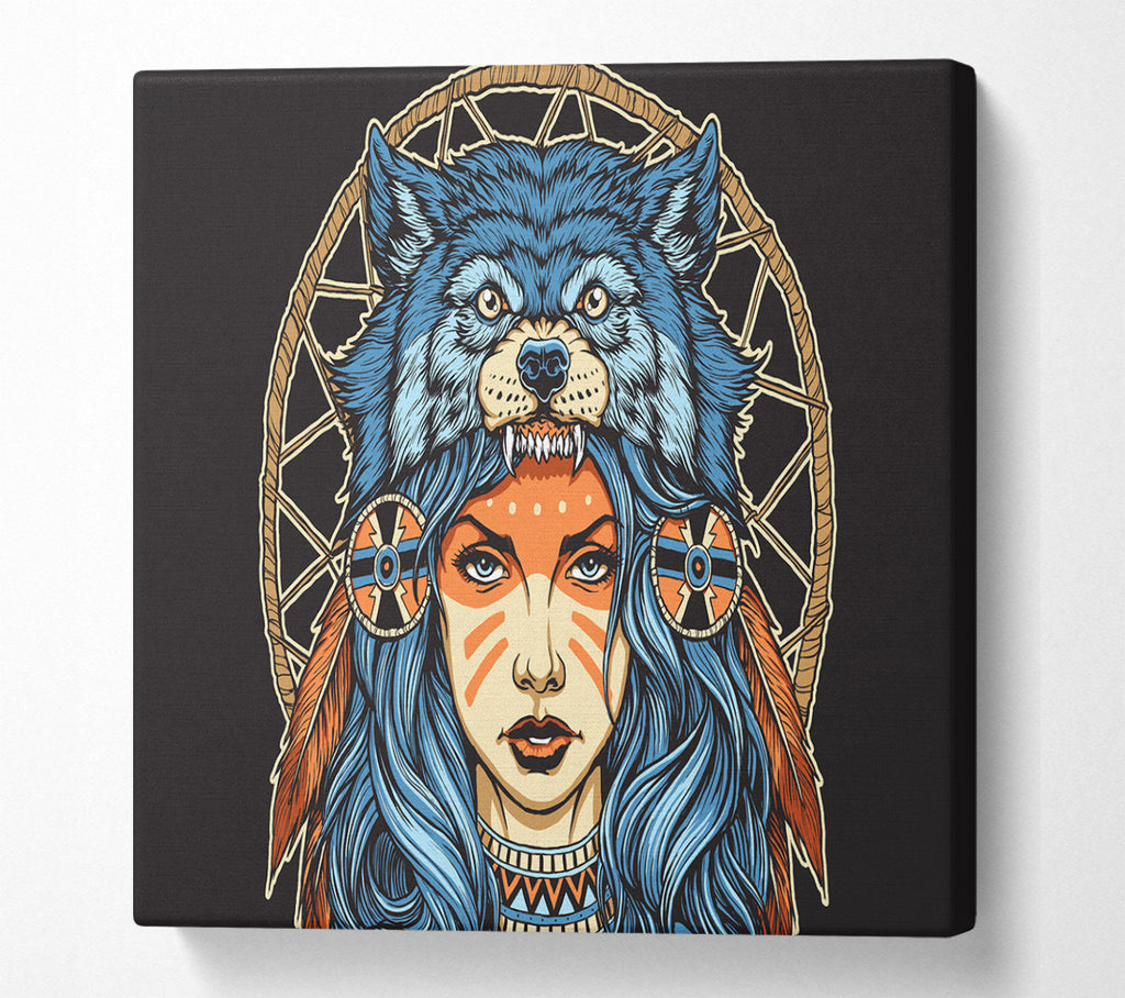 A Square Canvas Print Showing Wolf Head Woman Square Wall Art