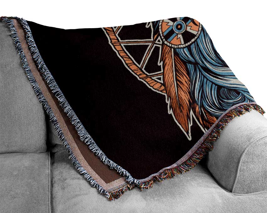 Wolf Head Woman Woven Blanket