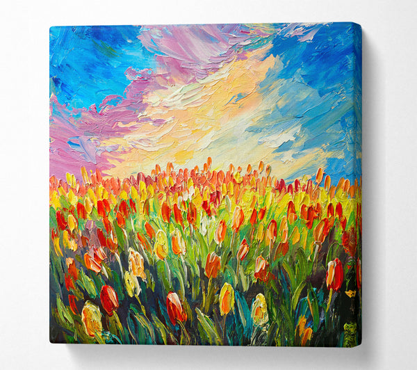 A Square Canvas Print Showing Field Of Stunning Tulips Square Wall Art