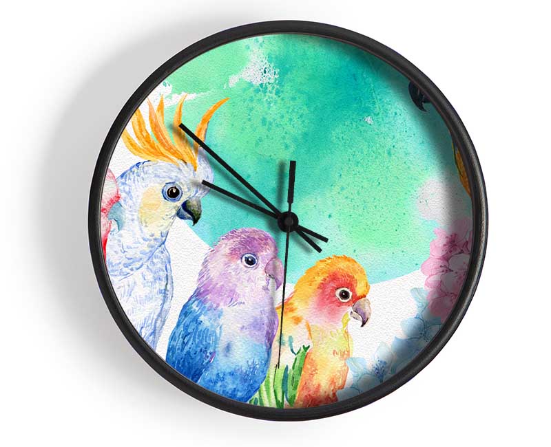 Array Of Watercolour Parrots Clock - Wallart-Direct UK
