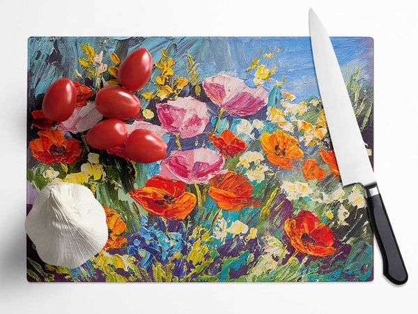 Mixed Poppies In The Sun Glass Chopping Board