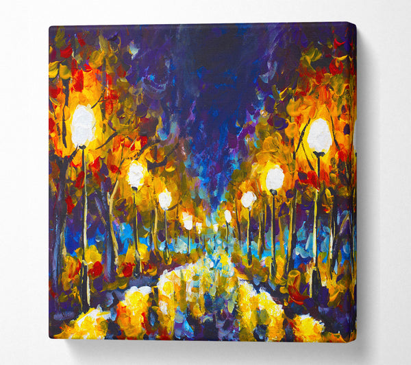 A Square Canvas Print Showing Streetlights At Night Gouche Square Wall Art