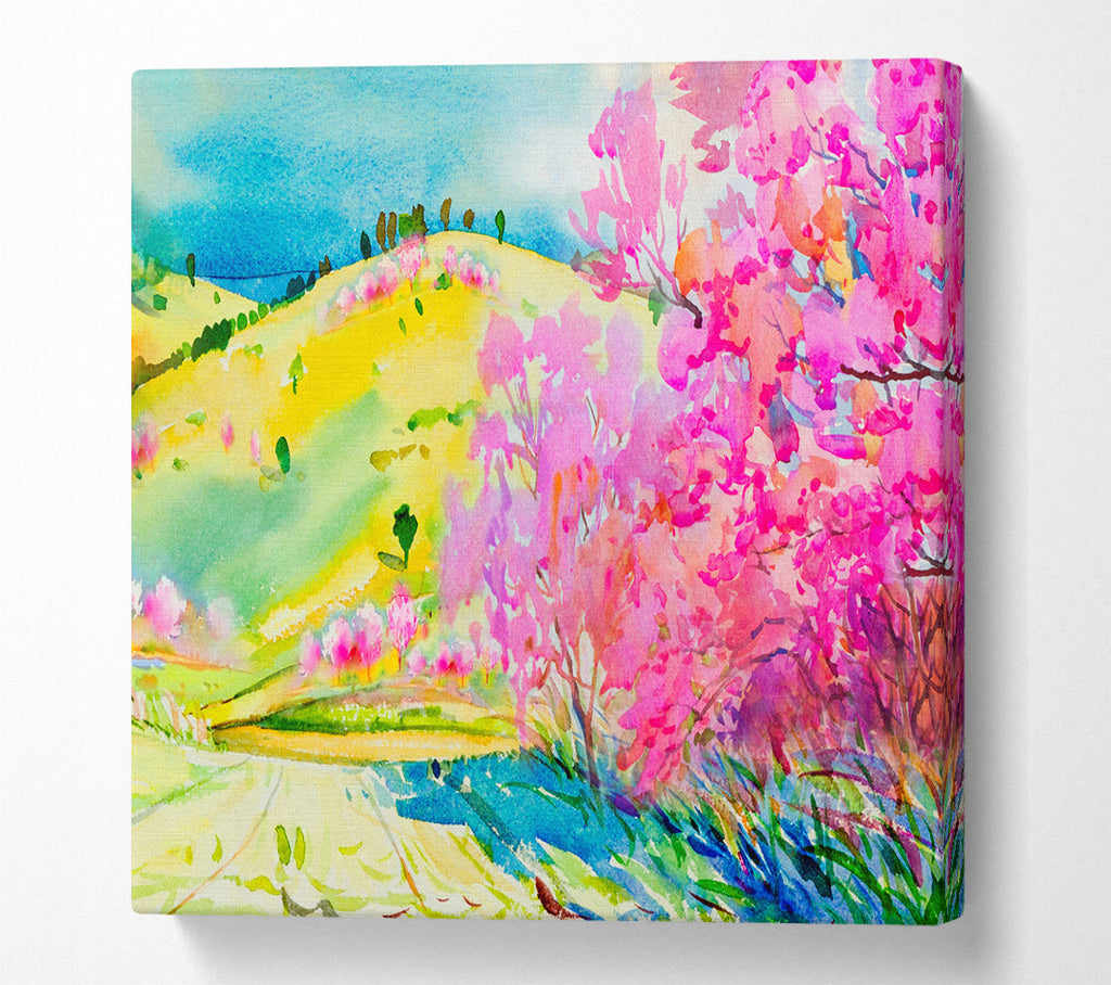 A Square Canvas Print Showing Pink Blossom Hilltops Square Wall Art