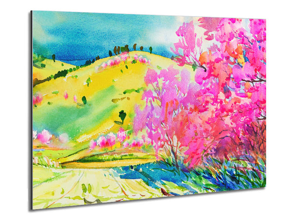 Pink Blossom Hilltops Metal Print