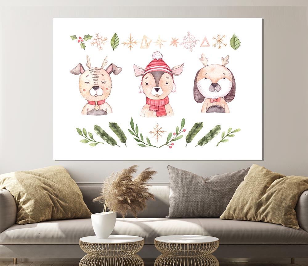 Three Woodlands Animals At Christmas Print Poster Wall Art