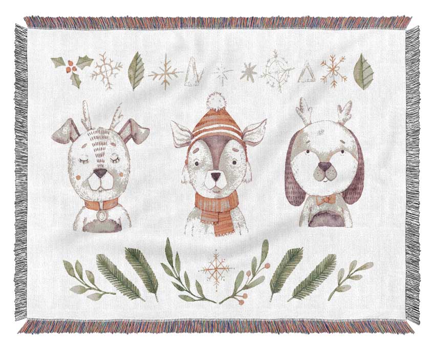 Three Woodlands Animals At Christmas Woven Blanket