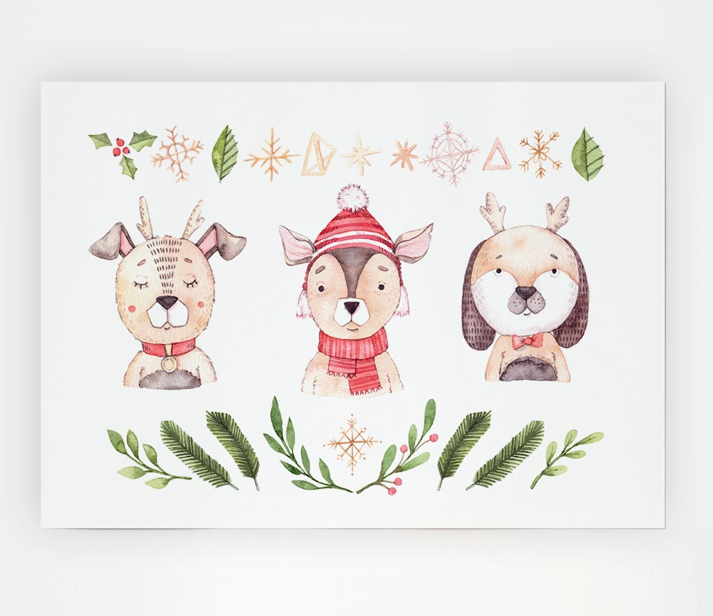 Three Woodlands Animals At Christmas Print Poster Wall Art