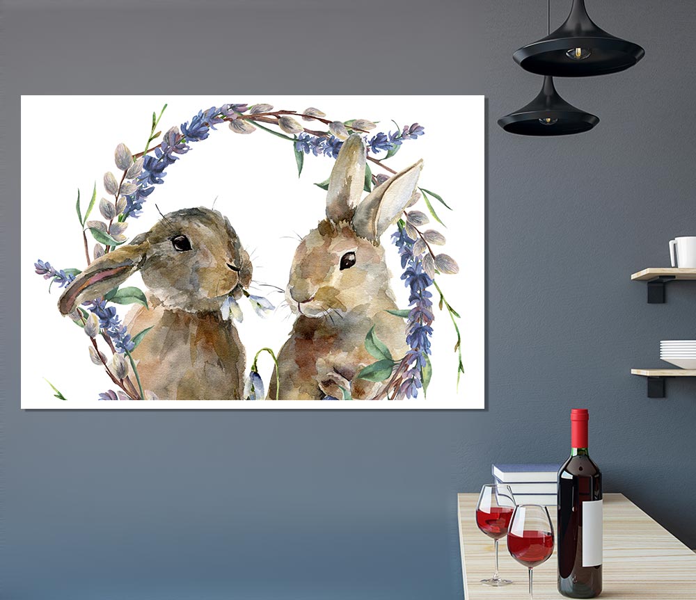 Two Watercolour Rabbits Print Poster Wall Art