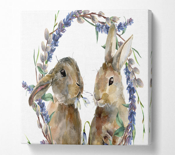 A Square Canvas Print Showing Two Watercolour Rabbits Square Wall Art