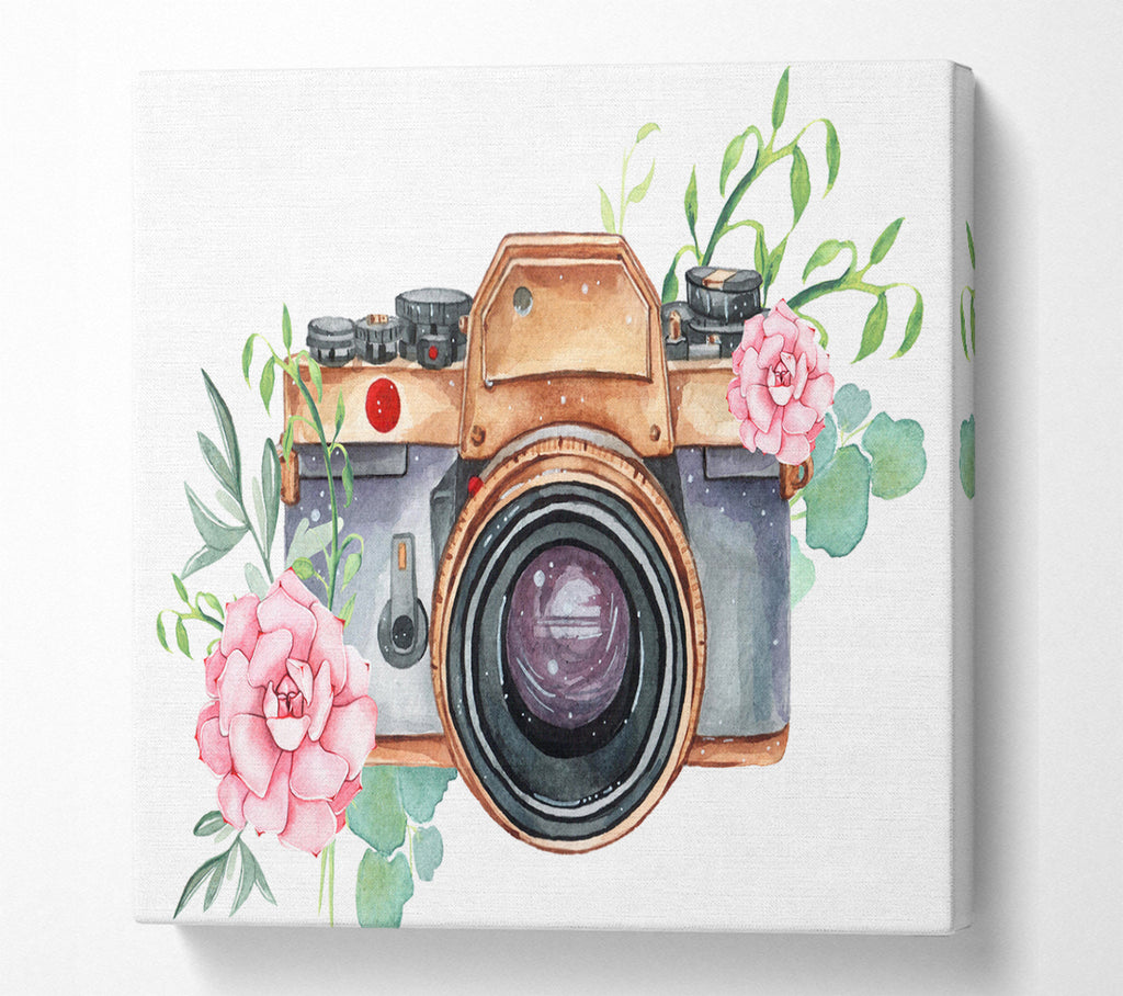 A Square Canvas Print Showing Vintage Camera Floral Square Wall Art