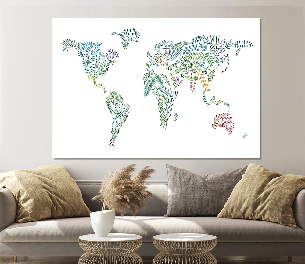 Leafy World Map Print Poster Wall Art