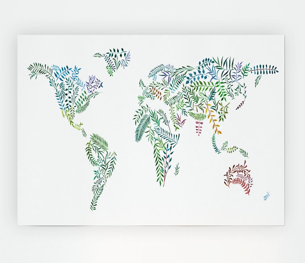 Leafy World Map Print Poster Wall Art