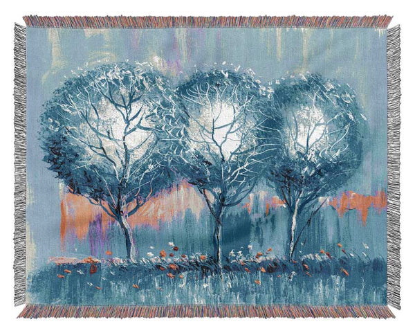 Three Blue Winter Trees Woven Blanket