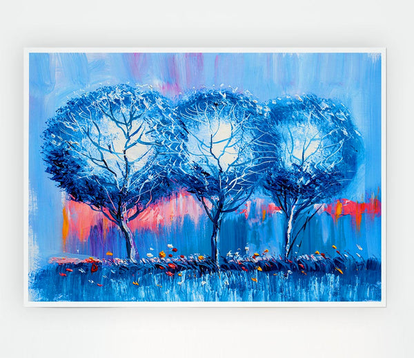 Three Blue Winter Trees Print Poster Wall Art