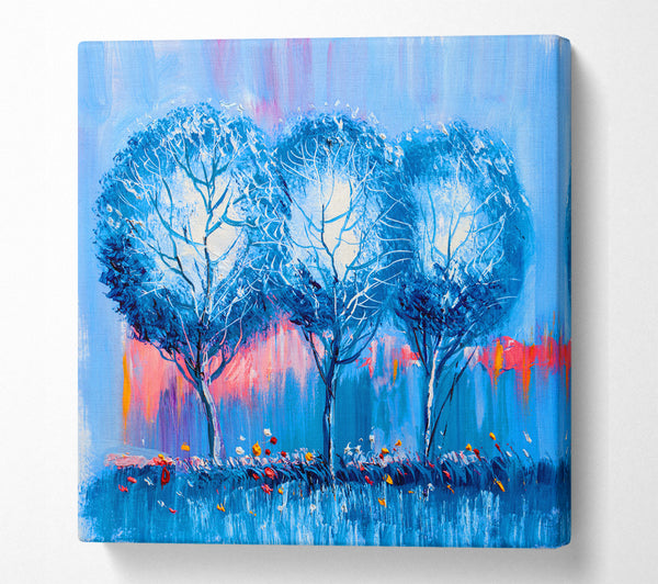 A Square Canvas Print Showing Three Blue Winter Trees Square Wall Art