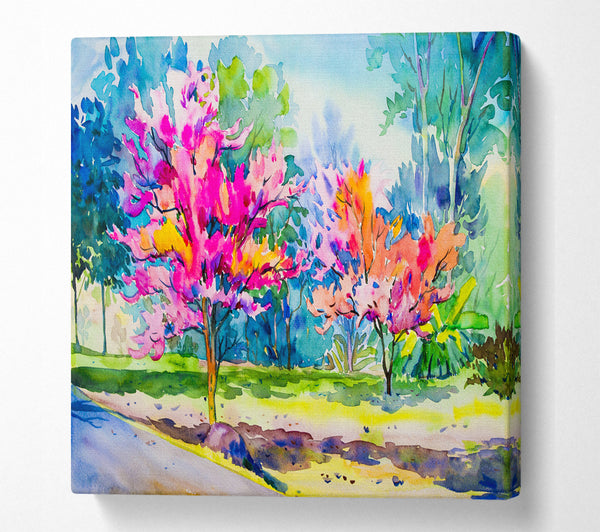 A Square Canvas Print Showing Vibrant Trees In Green Forest Square Wall Art