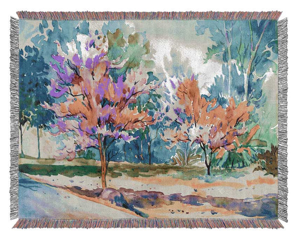 Vibrant Trees In Green Forest Woven Blanket